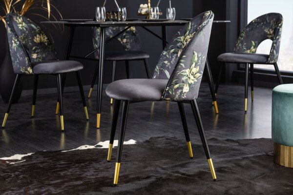 Chaise de salle à manger sans accoudoirs velours métal motif floral gris