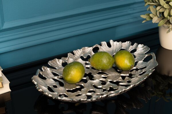 Deko Schale Metall Handarbeit 40 cm lang in Silber Ginko