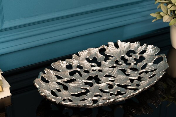 Deko Schale Metall Handarbeit 40 cm lang in Silber Ginko