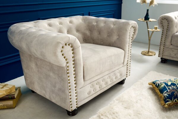 Sessel Samt Holz in Creme Beige Braun B: 110 cm Chesterfield
