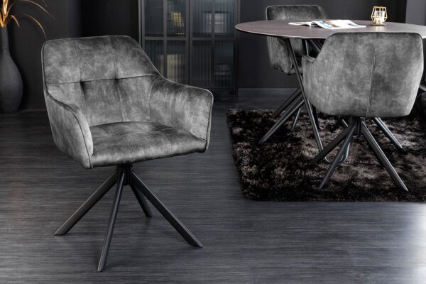 Chaise pivotante sans roulettes velours métal gris noir avec accoudoirs