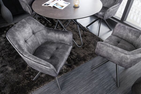 Chaise pivotante sans roulettes velours métal gris noir avec accoudoirs