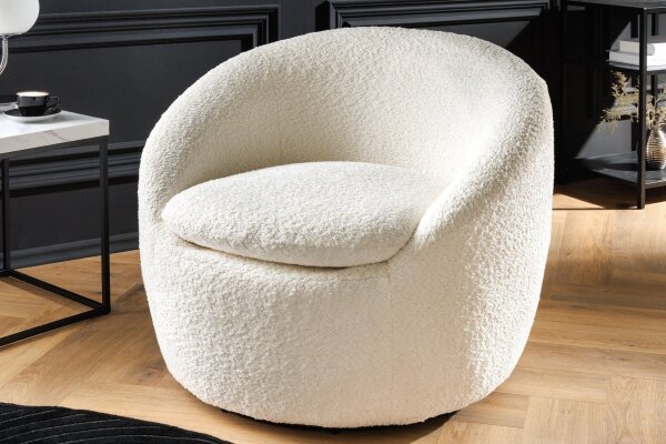 Drehsessel Bouclé Weiß B: 76 cm Teddy Stoff Retro