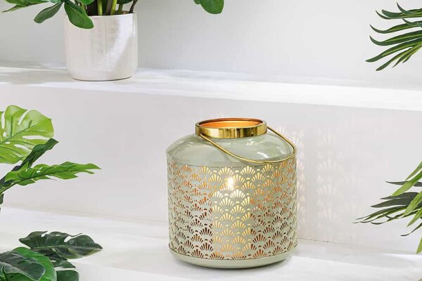 Kerzenhalter Laterne Eisen H: 20 cm für Stumpenkerzen Grün Gold Handarbeit