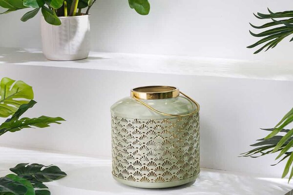 Kerzenhalter Laterne Eisen H: 20 cm für Stumpenkerzen Grün Gold Handarbeit