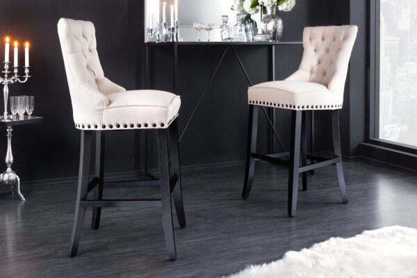 Barhocker mit Lehne in Beige Schwarz Chesterfield Stoff Holz