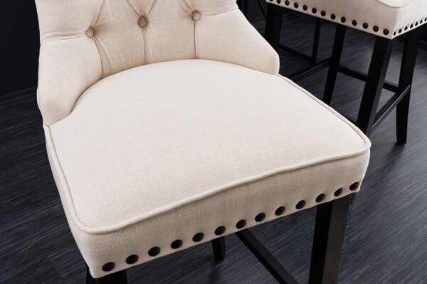 Barhocker mit Lehne in Beige Schwarz Chesterfield Stoff Holz