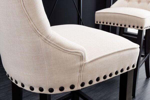 Barhocker mit Lehne in Beige Schwarz Chesterfield Stoff Holz