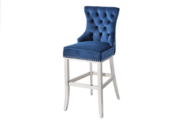 Tabouret de bar velours acier inoxydable bleu argent Chesterfield