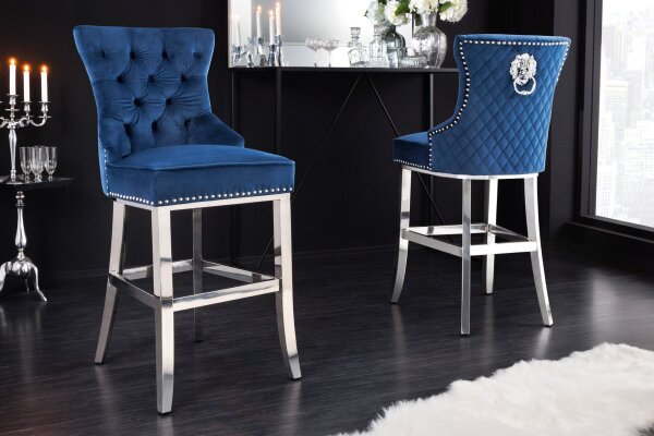 Tabouret de bar velours acier inoxydable bleu argent Chesterfield