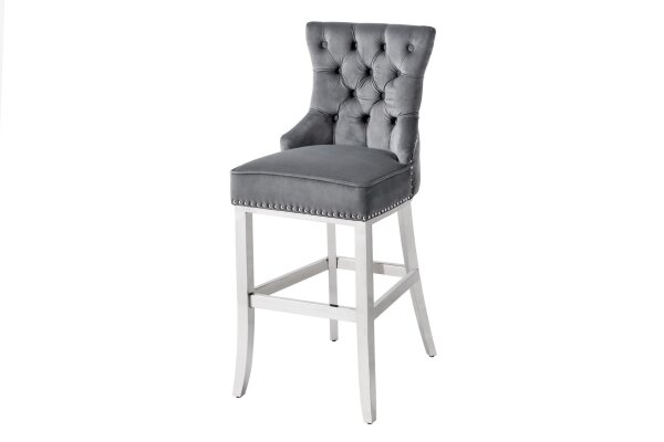Chaise de bar avec dossier velours acier inoxydable gris argent Chesterfield