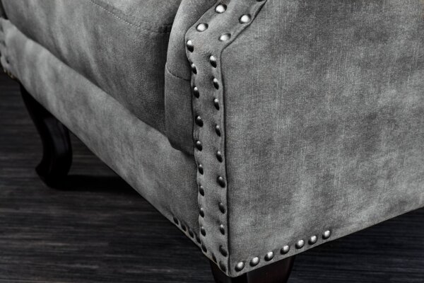 Fauteuil à oreilles velours bois gris marron L : 85 cm Chesterfield