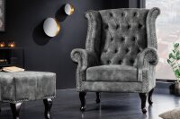 Fauteuil à oreilles velours bois gris marron L :...