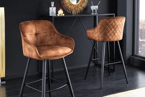 Tresenstuhl mit Lehne Samt Metall in Cognac Braun Schwarz