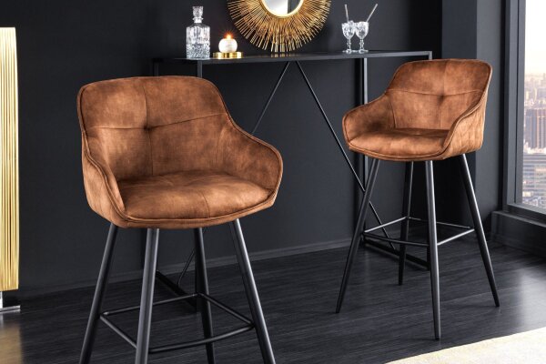 Tresenstuhl mit Lehne Samt Metall in Cognac Braun Schwarz