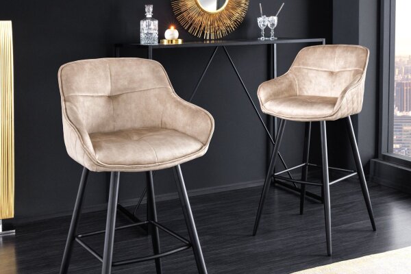 Tabouret de bar velours métal crème beige noir avec dossier