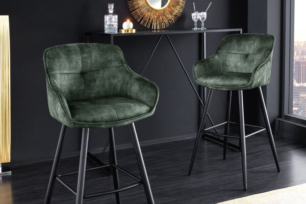 Tabouret de bar velours métal vert noir avec dossier repose-pieds