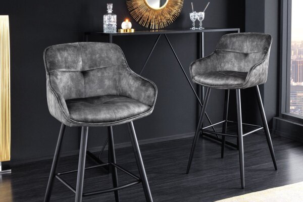 Tresenstuhl Samt Metall in Grau Schwarz Retro mit Lehne
