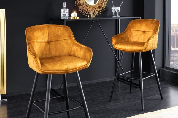 Barhocker mit Lehne Retro Gelb Schwarz aus Samt Metall