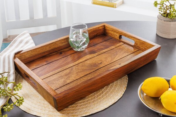 Tablett Holz Sheesham 29 x 44 cm mit Griffen Unikat