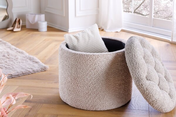 Pouf mit Stauraum Ø 50 cm H: 43 cm Bouclé Creme Beige