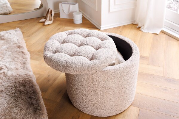 Pouf mit Stauraum Ø 50 cm H: 43 cm Bouclé Creme Beige