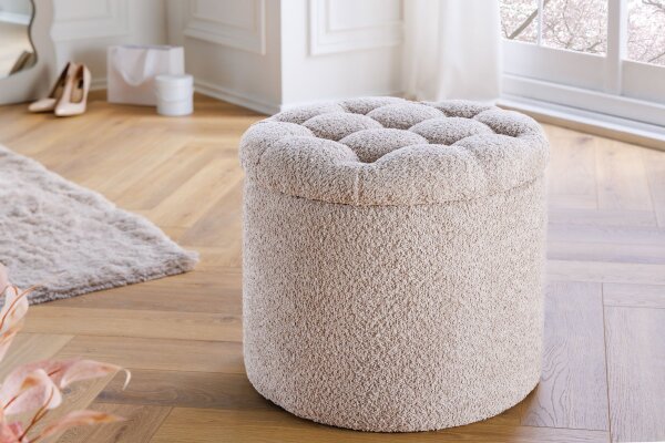 Pouf mit Stauraum Ø 50 cm H: 43 cm Bouclé Creme Beige