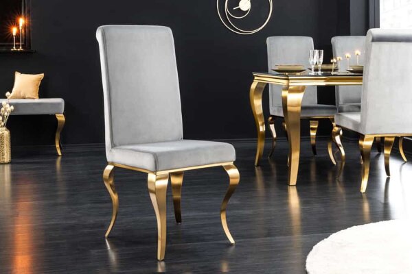 Chaise de salle à manger velours inox design baroque gris or