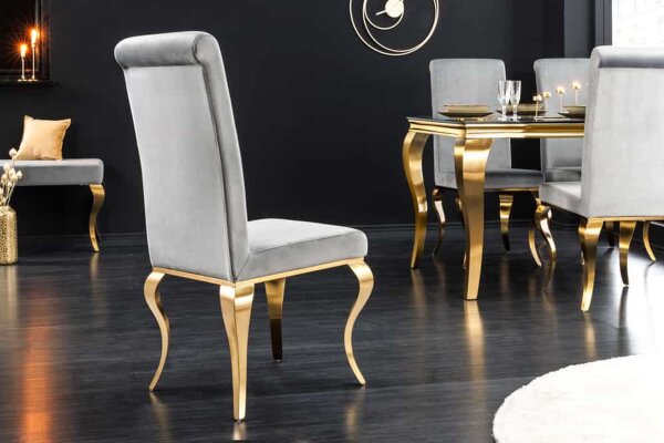 Chaise de salle à manger velours inox design baroque gris or