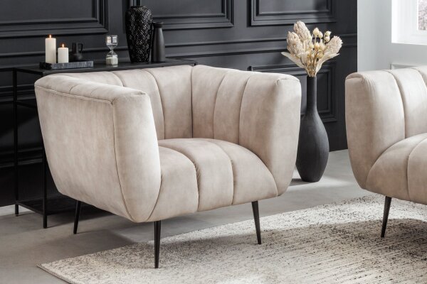 Fauteuil en velours Beige Crème 105 cm de large Coutures décoratives Rétro