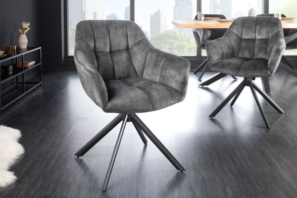 Chaise de bureau velours métal gris noir sans roulettes