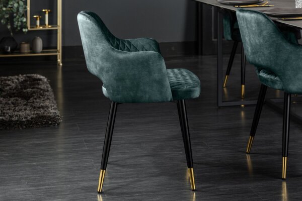 Chaise de salle à manger velours métal pétrole noir or avec accoudoirs