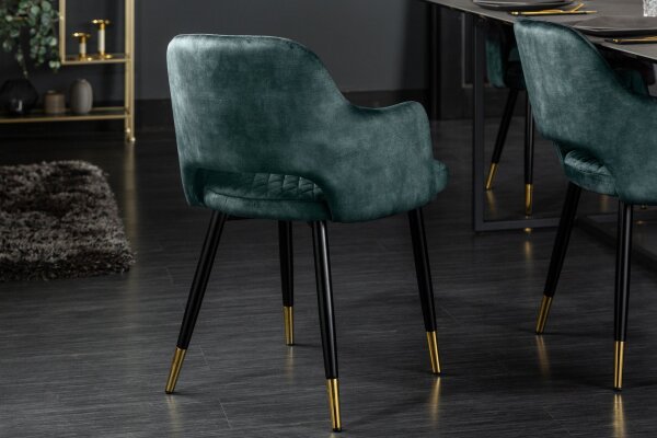 Chaise de salle à manger velours métal pétrole noir or avec accoudoirs