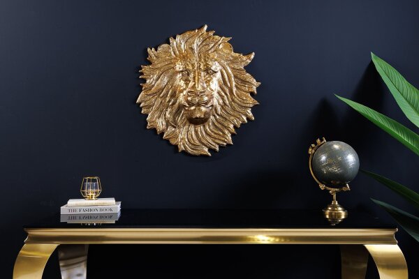Wanddeko Löwenkopf H: 34 cm Handarbeit in Gold Metall