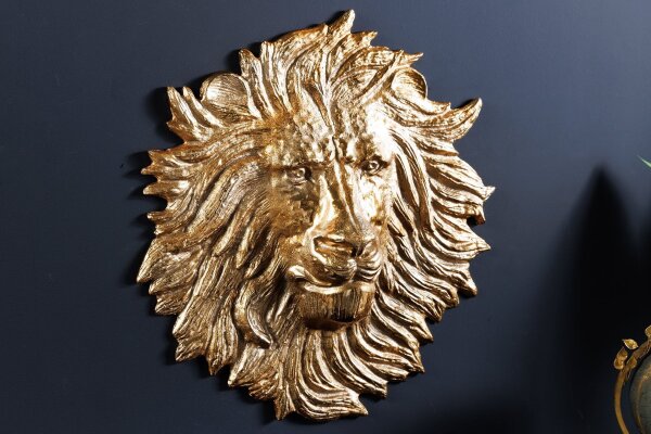 Wanddeko Löwenkopf H: 34 cm Handarbeit in Gold Metall