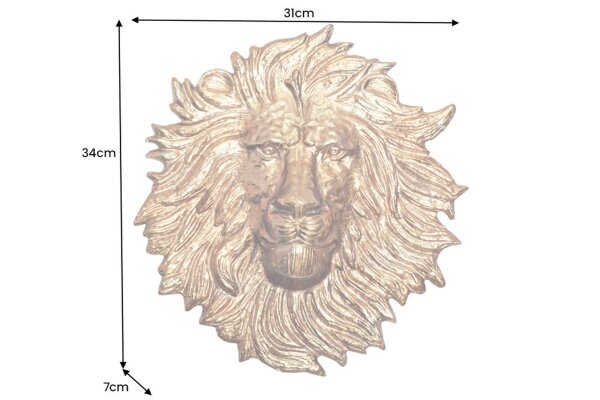 Wanddeko Löwenkopf H: 34 cm Handarbeit in Gold Metall