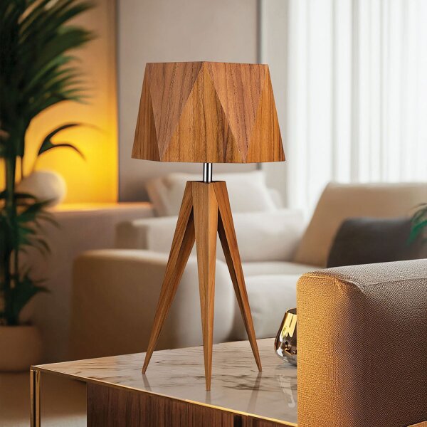 Lampe de table tripode en teck plaqué bois 62 cm de haut E27