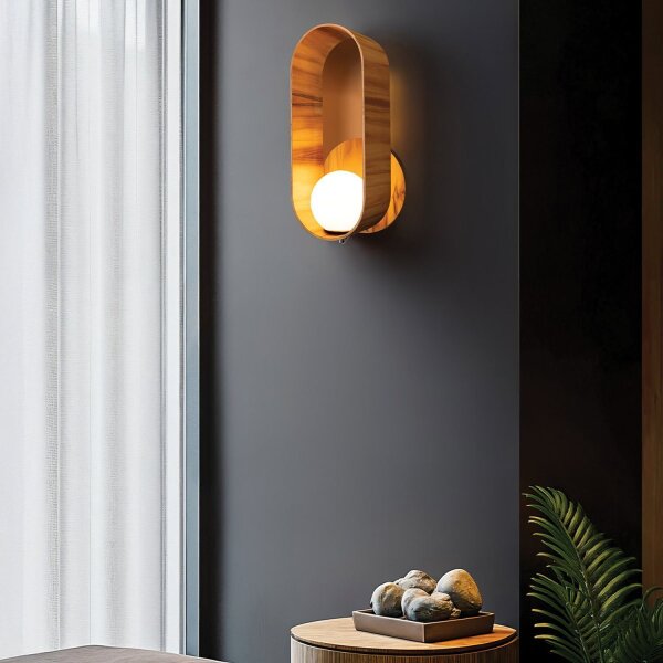 Wandleuchte Glas Teakholz Furnier E27 H: 52,5 cm blendarm