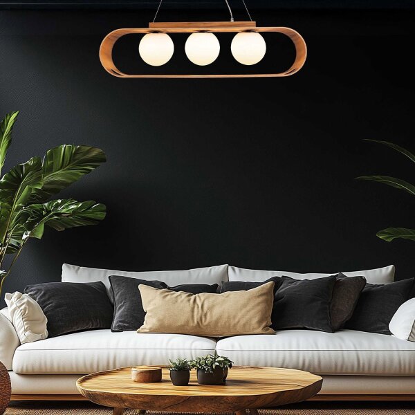 Suspension Moderne L : 85 cm Placage teck bois verre 3x E27