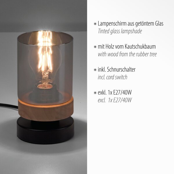 Blendarme Lampe de table verre fumé bois E27 H:18 cm petite