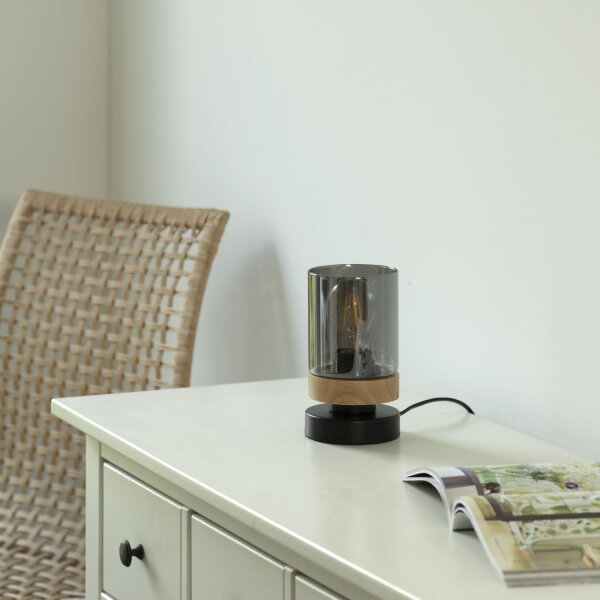 Blendarme Lampe de table verre fumé bois E27 H:18 cm petite