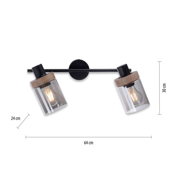 Beweglicher Deckenstrahler Rauchglas Holz E27 L:64 cm