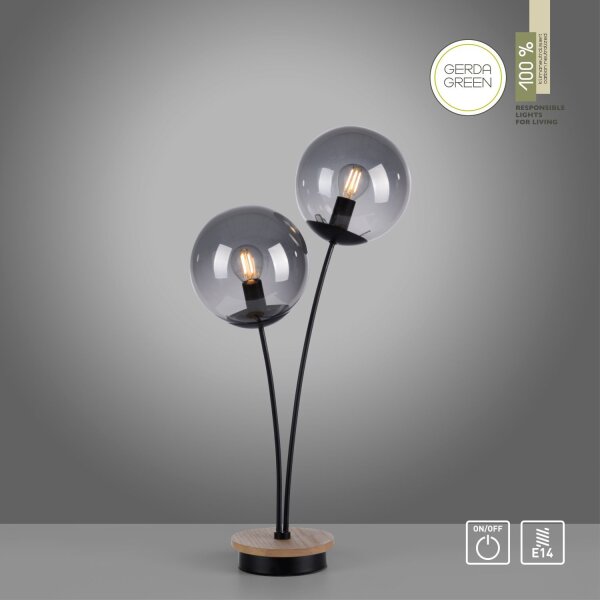 Lampe de table stylée verre fumé bois E14 60 cm 2 flammes