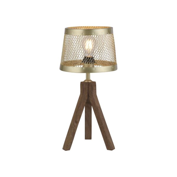 Tripod Tischlampe Holz Metall in Messing matt E27 44 cm