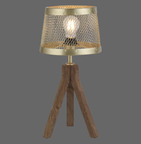 Tripod Tischlampe Holz Metall in Messing matt E27 44 cm