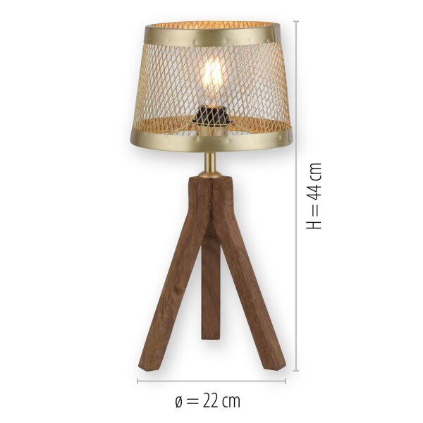 Tripod Tischlampe Holz Metall in Messing matt E27 44 cm