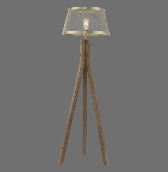 Tripod Lampadaire bois métal en laiton mat E27 145 cm
