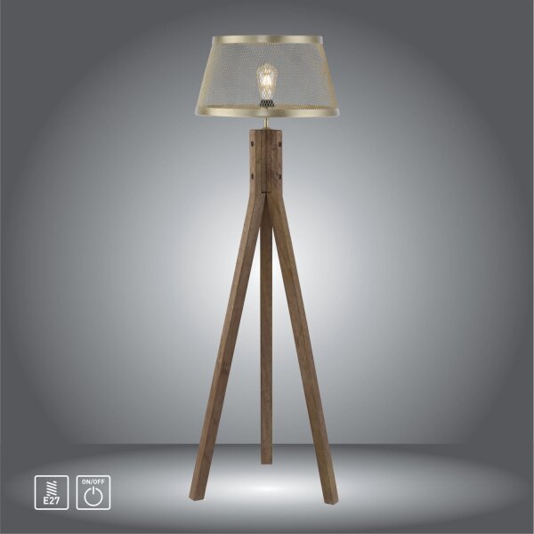 Tripod Lampadaire bois métal en laiton mat E27 145 cm
