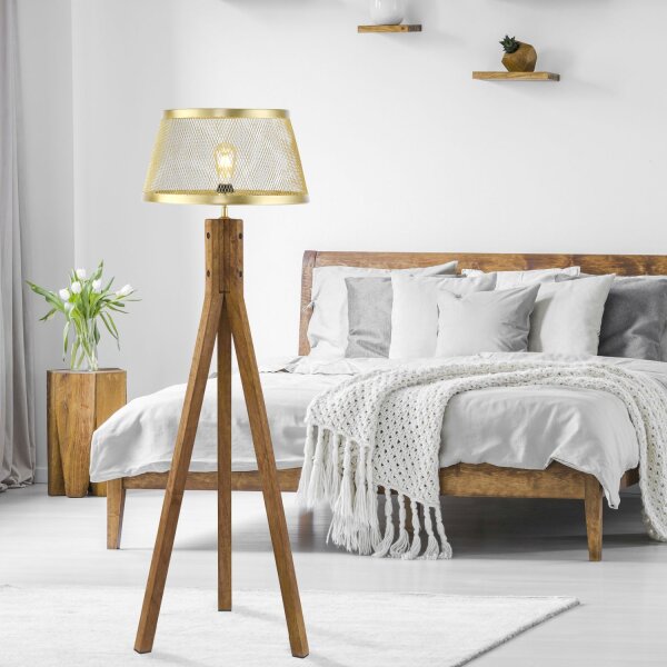 Tripod Lampadaire bois métal en laiton mat E27 145 cm