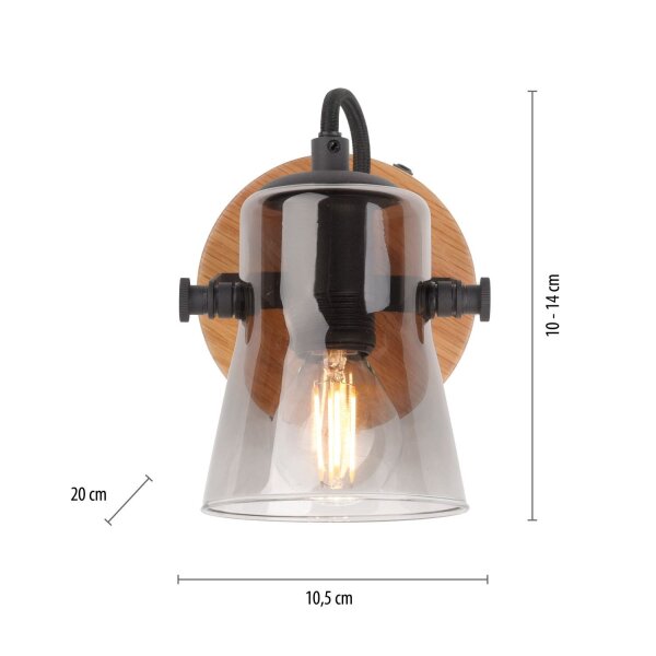 Flexibler Wandstrahler Glas Eiche E14 T:10 cm Rauchgrau